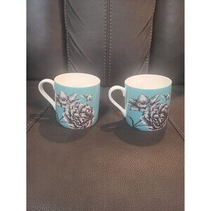 Set of 2 Portobello Inspire Teal Floral Butterfly Coffee Tea Mugs Ceramic